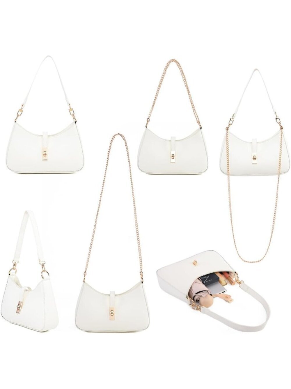 Women's White Premium Vegan Leather Twist Lock Crossbody Shoulder Bag - Picture 6 of 6